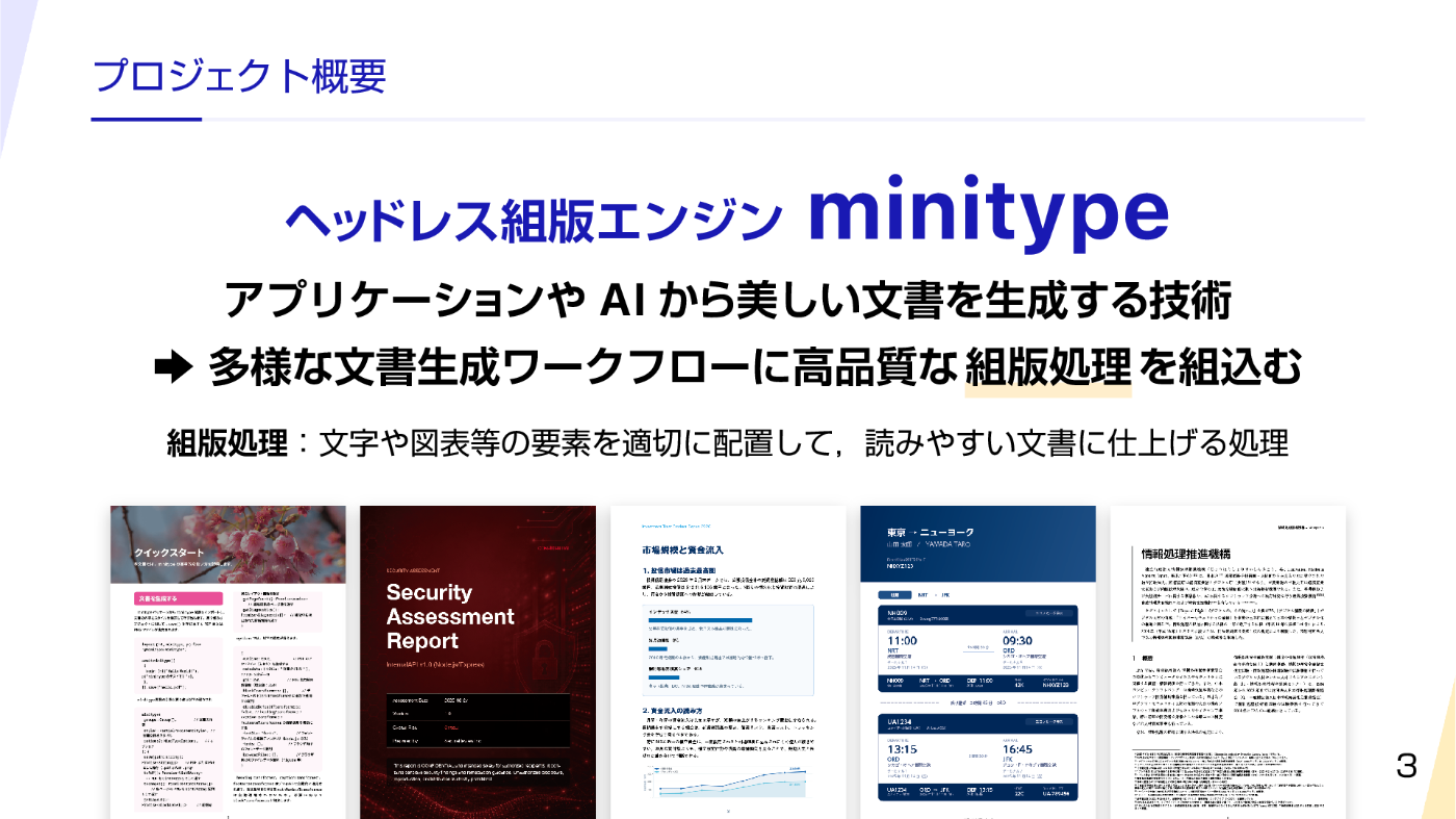 ヘッドレス組版エンジン minitype．アプリケーションや AI から美しい文書を生成する技術により，多様な文書生成ワークフローに高品質な組版処理を組込む．組版処理：文書や図表等の要素を適切に配置して，読みやすい文書に仕上げる処理．