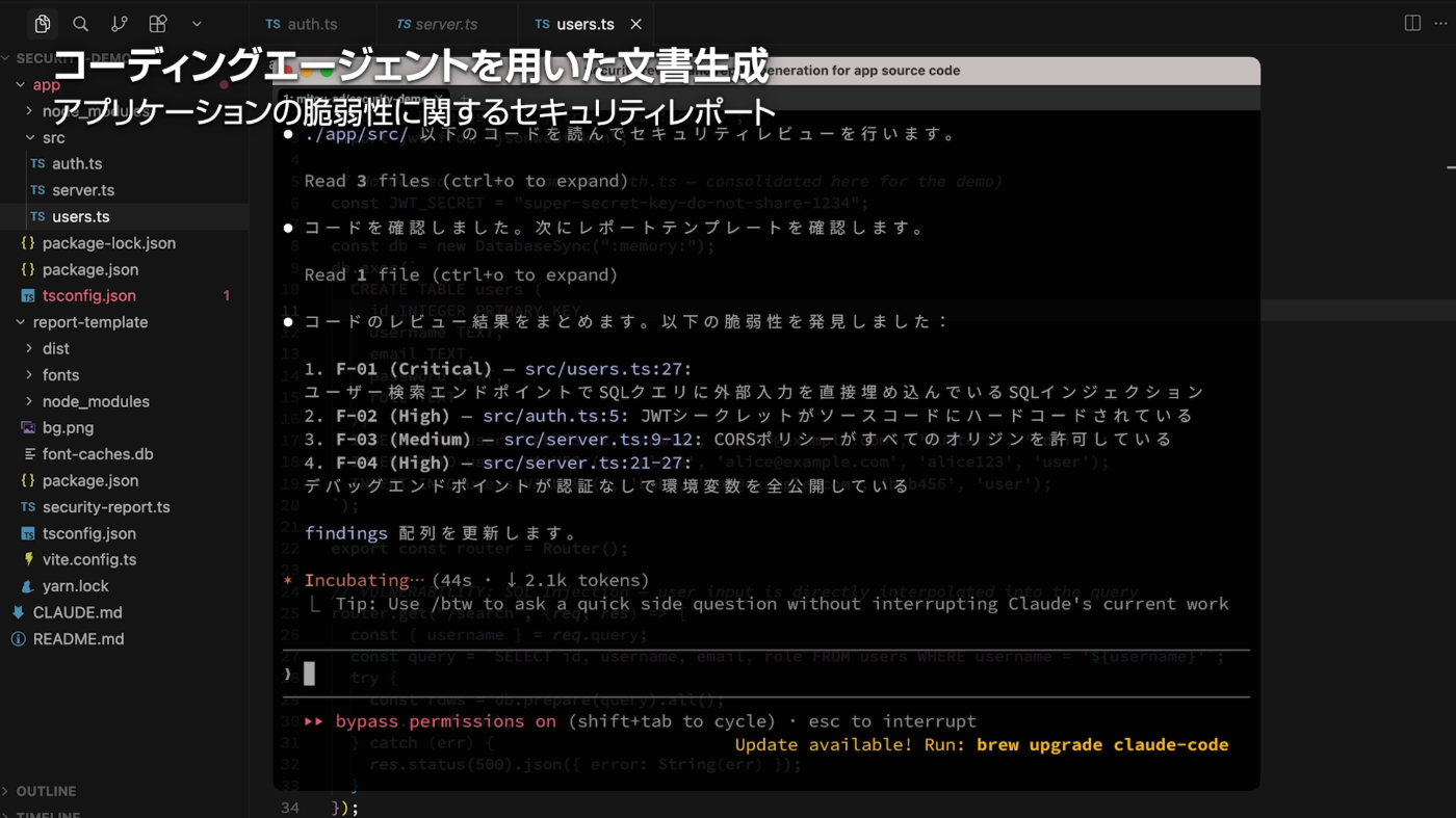 Claude Code との対話画面「コードを確認しました．Claude Code が次にレポートテンプレートを確認します．」「コードのレビュー結果をまとめます．以下の脆弱性を発見しました：（4 つの脆弱性）」．「findings 配列を更新します」と述べている．