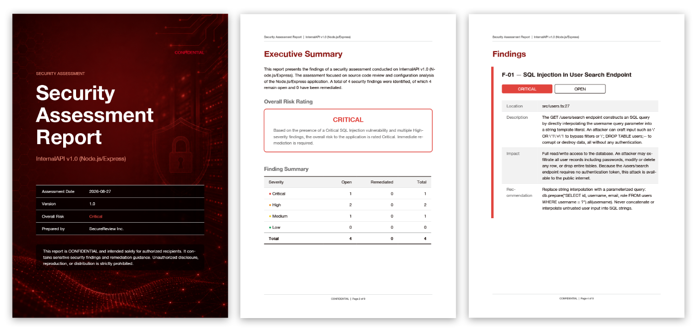 セキュリティレポートが 3 ページ並んでいる．1 ページ目には赤い表紙に Security Assesment Report とタイトルが，2 ページ目には Executive Summary が，3 ページ目には Findings が示されている．